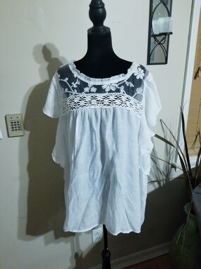 White Embroidered Lace Yoke Peasant Blouse